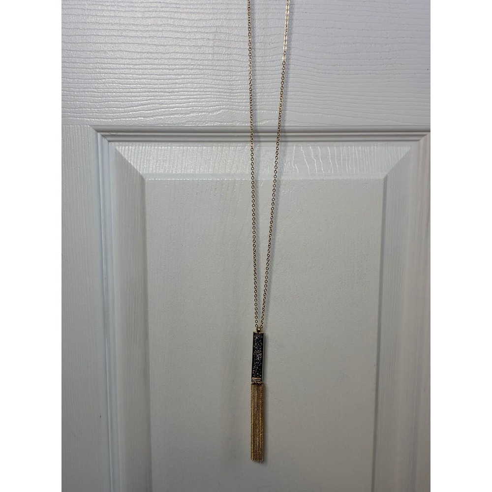 A New Day Gold Tone Long Bar Tassel Pendant Necklace Dark Sparkle Druzy Inlay